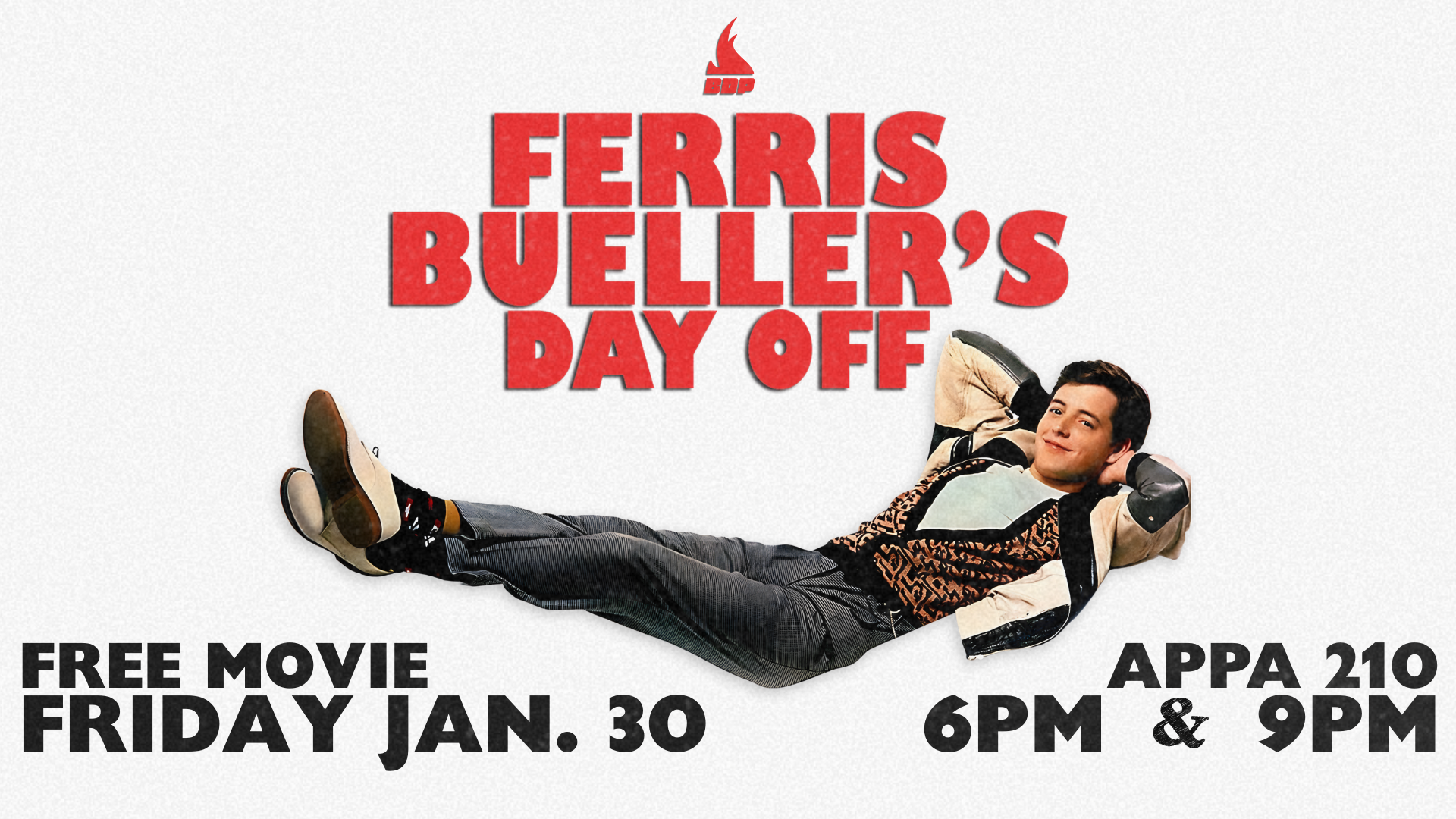 Digital Signage Poster displaying Ferris Beuler's Day Off Movie Night on January 30th